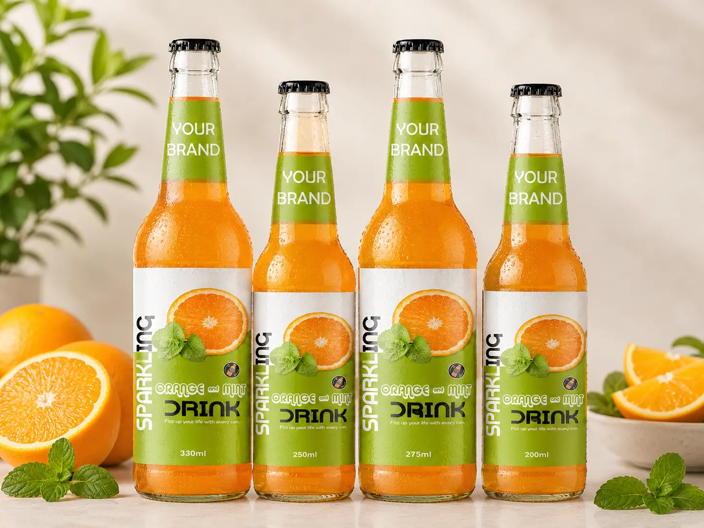 SPARKLING DRINK Orange and Mint Flavored Drink in 330ml, 250ml, 275ml, and 200ml glass bottles.